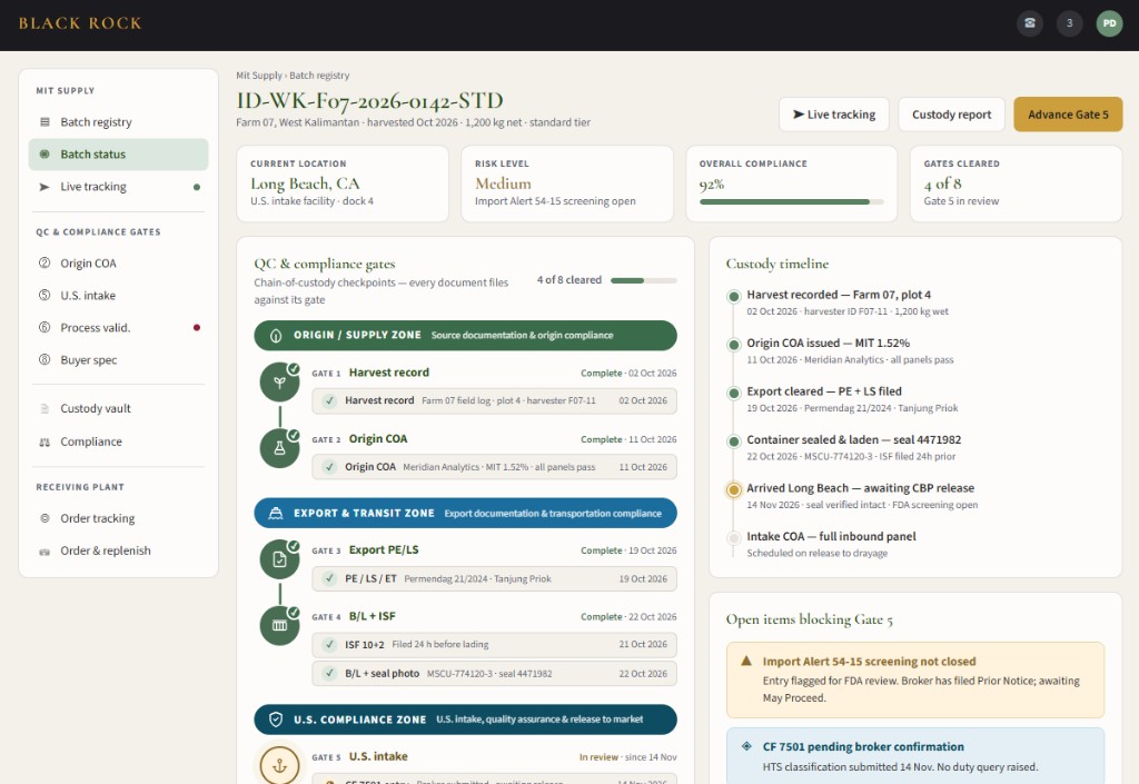 Sample buyer portal screen showing MIT batch status and lot release