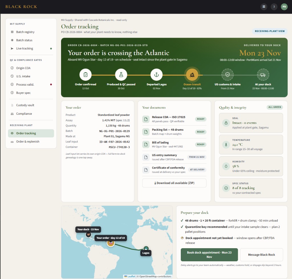 Sample buyer portal screen showing order tracking from lot to dock